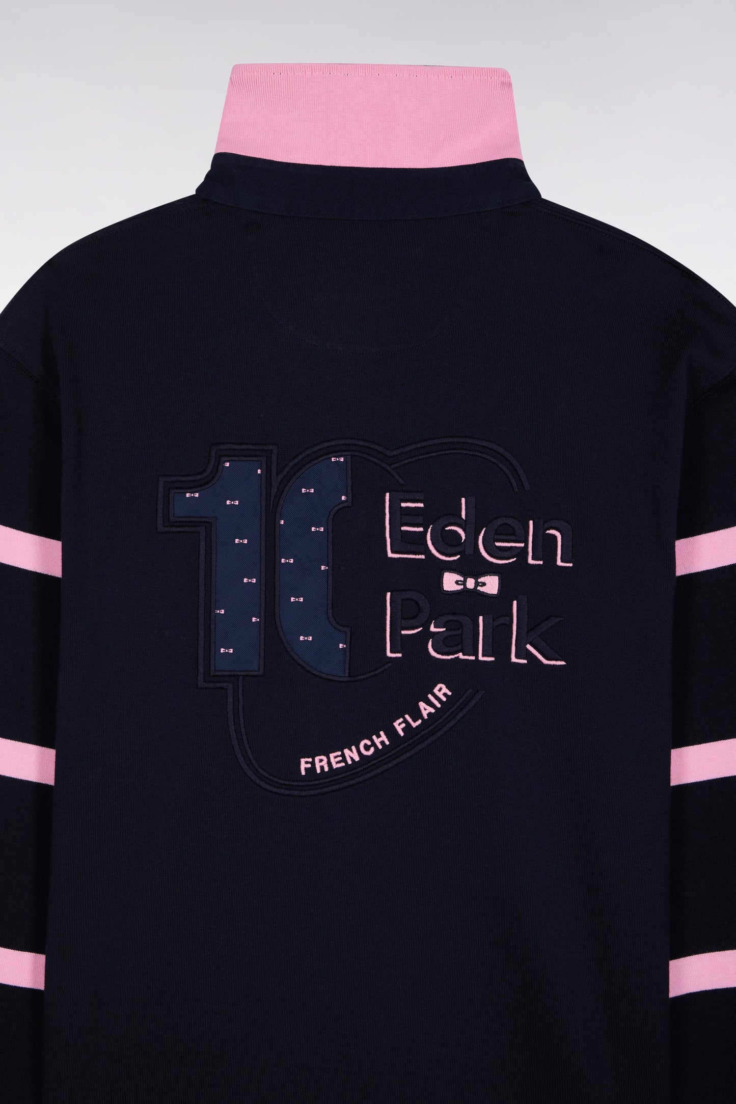 Long-sleeved jersey in thick navy jersey with striped straight-cut sleeves