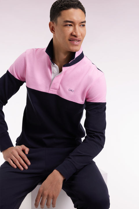 Long-sleeved jersey in two-tone navy and pink, straight cut - Image 1