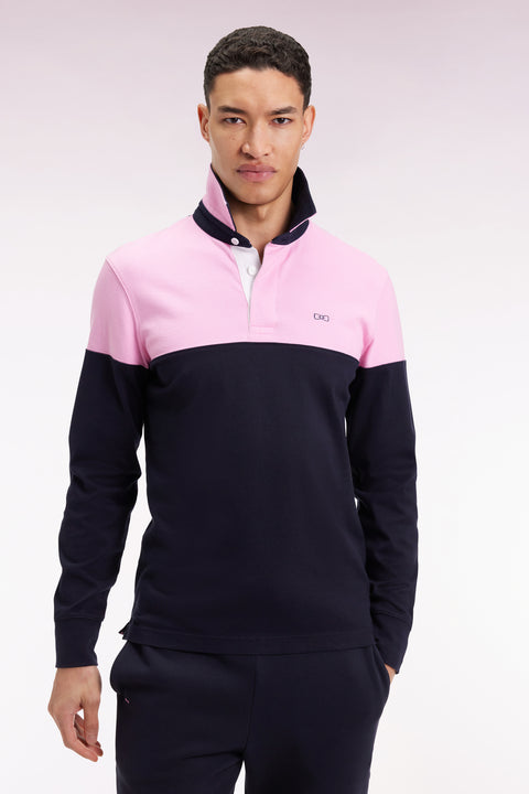 Long-sleeved jersey in two-tone navy and pink, straight cut - Image 3