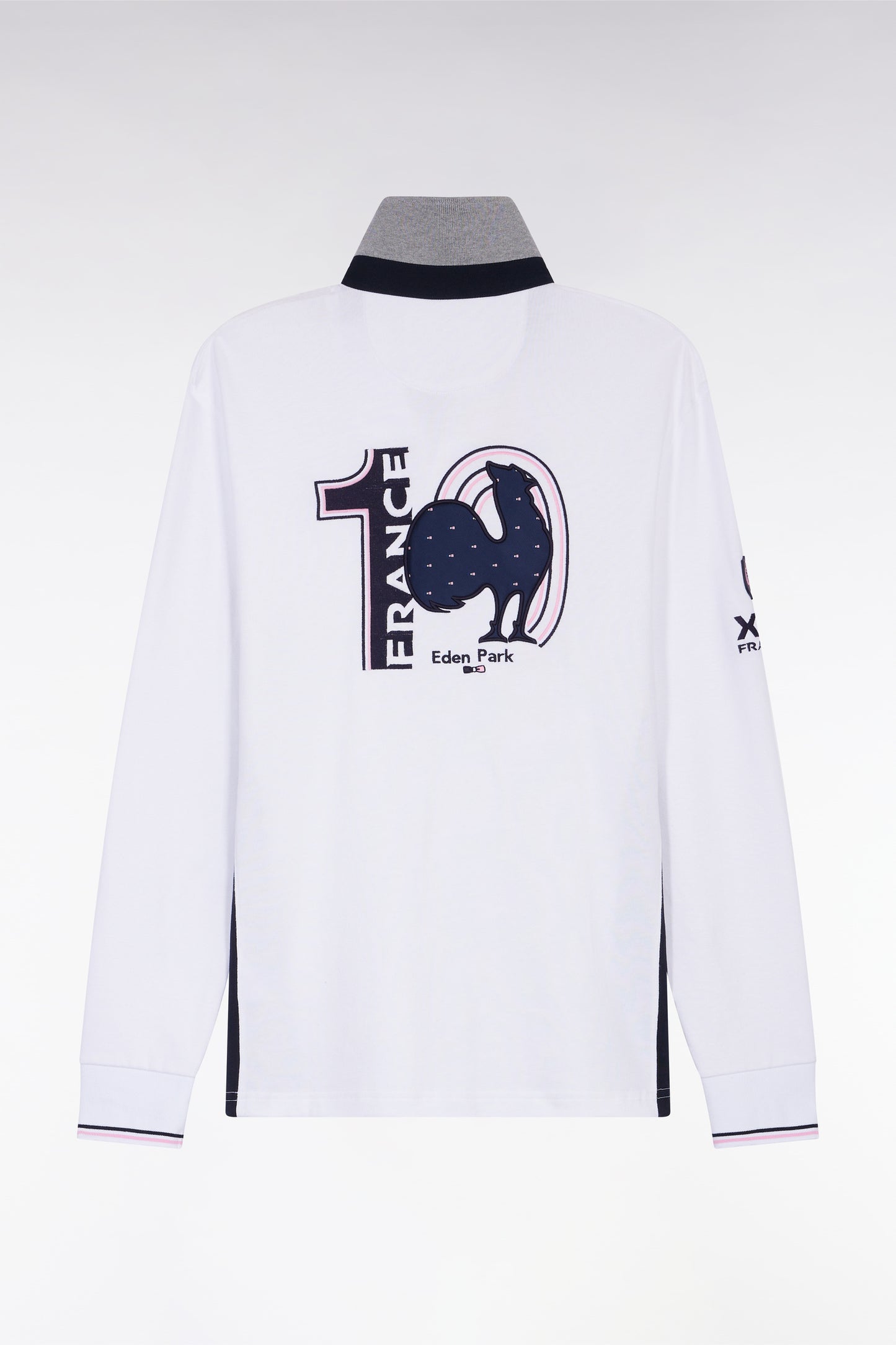 XV de France white long-sleeved jersey with rooster embroidery, straight cut