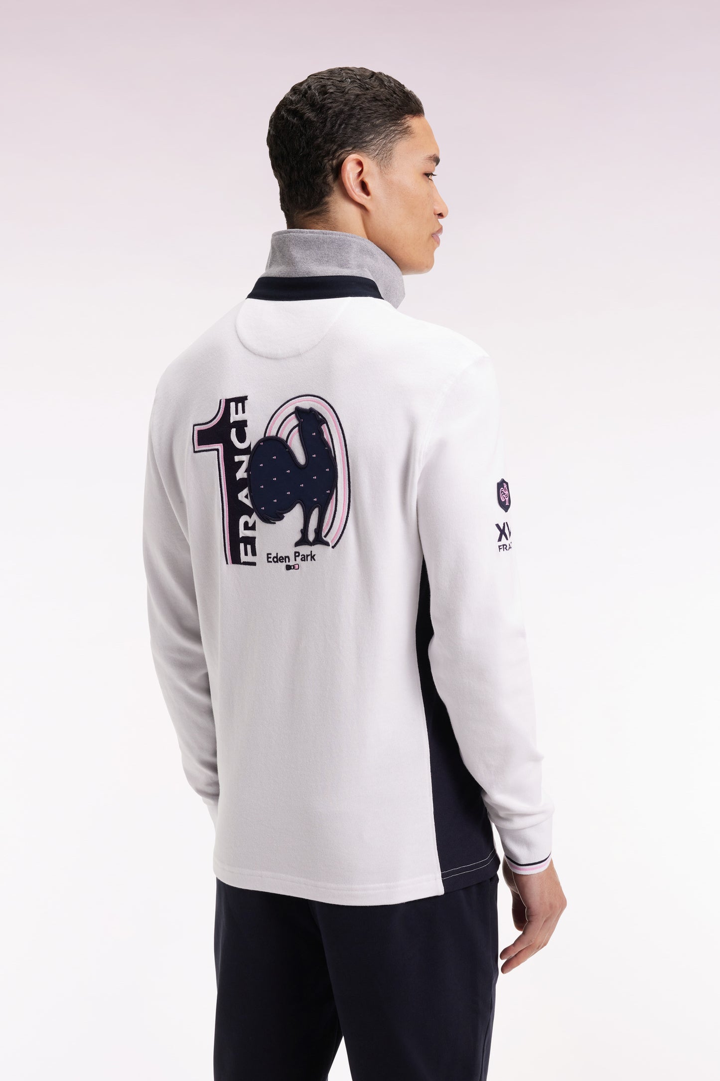XV de France white long-sleeved jersey with rooster embroidery, straight cut