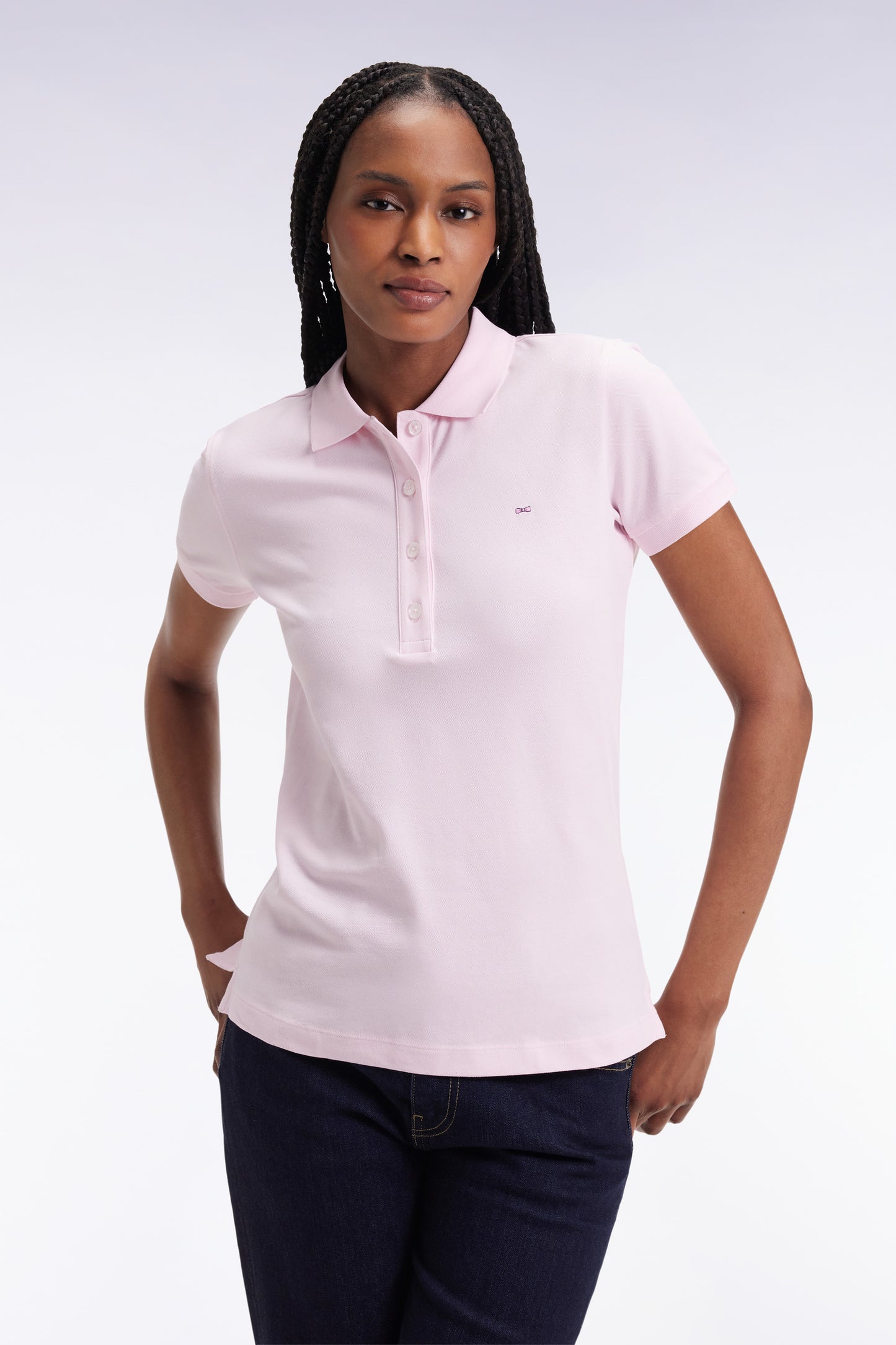 Short-sleeved polo shirt in pink stretch cotton, slim fit