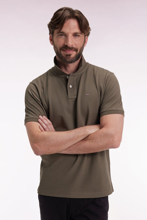 Short-sleeved polo shirt in khaki Pima cotton, straight cut - Image 1
