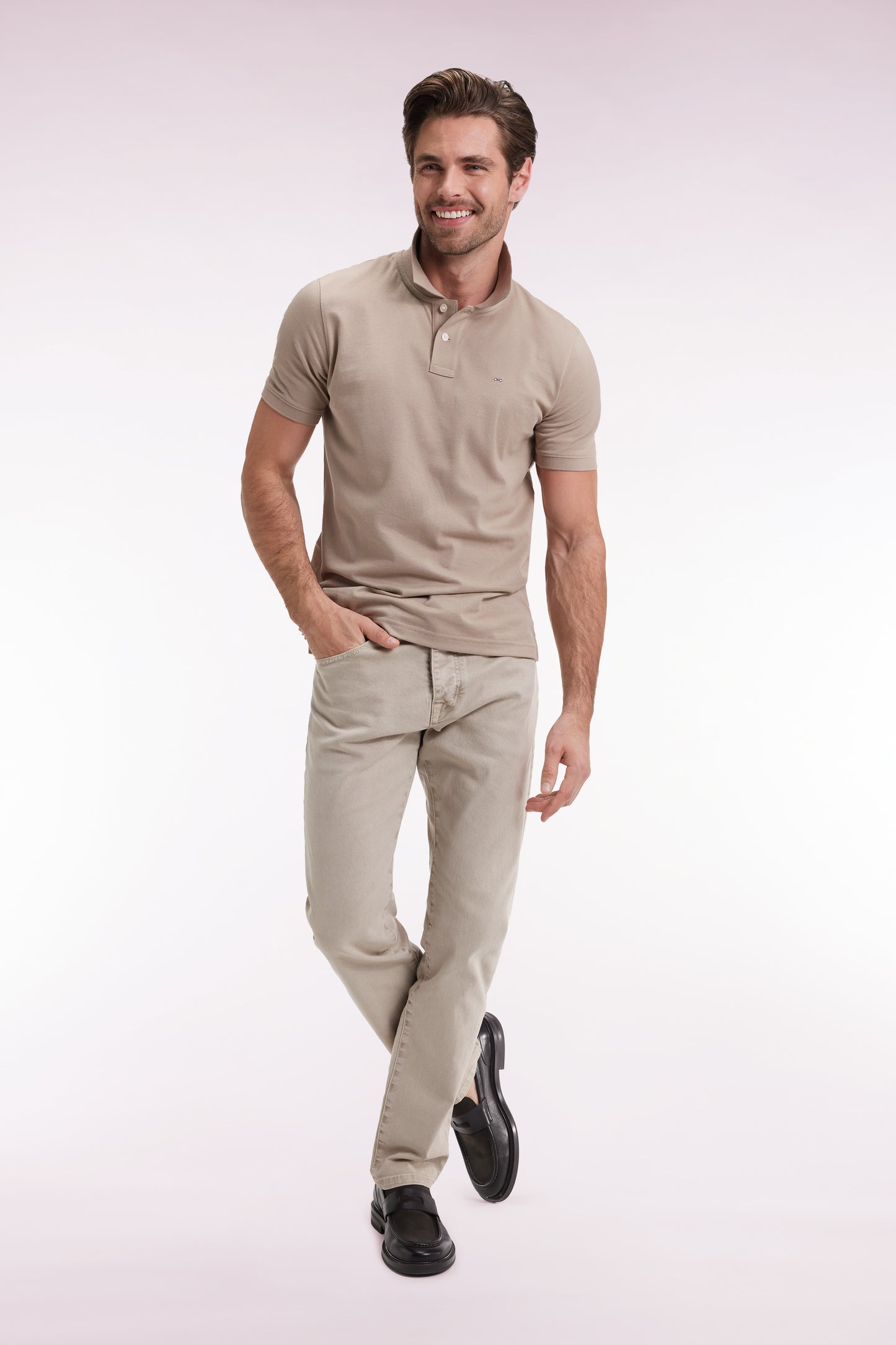 Short-sleeved polo shirt in beige Pima cotton, straight cut