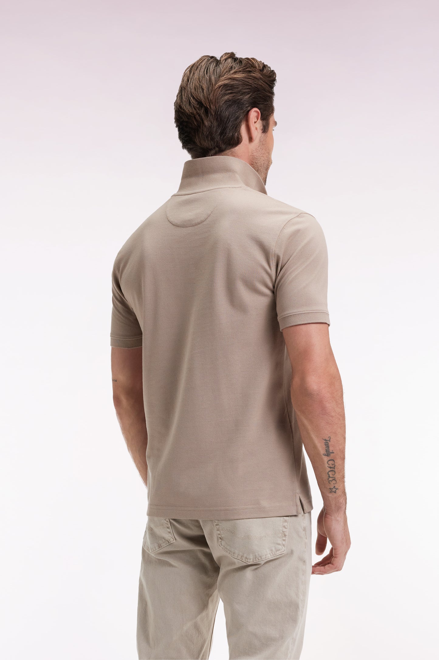 Short-sleeved polo shirt in beige Pima cotton, straight cut