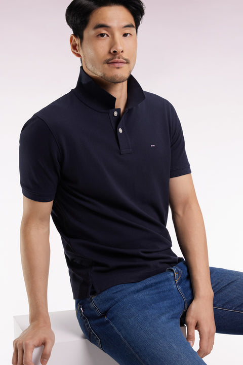 Short-sleeved polo shirt in navy Pima cotton, straight cut - Image 1