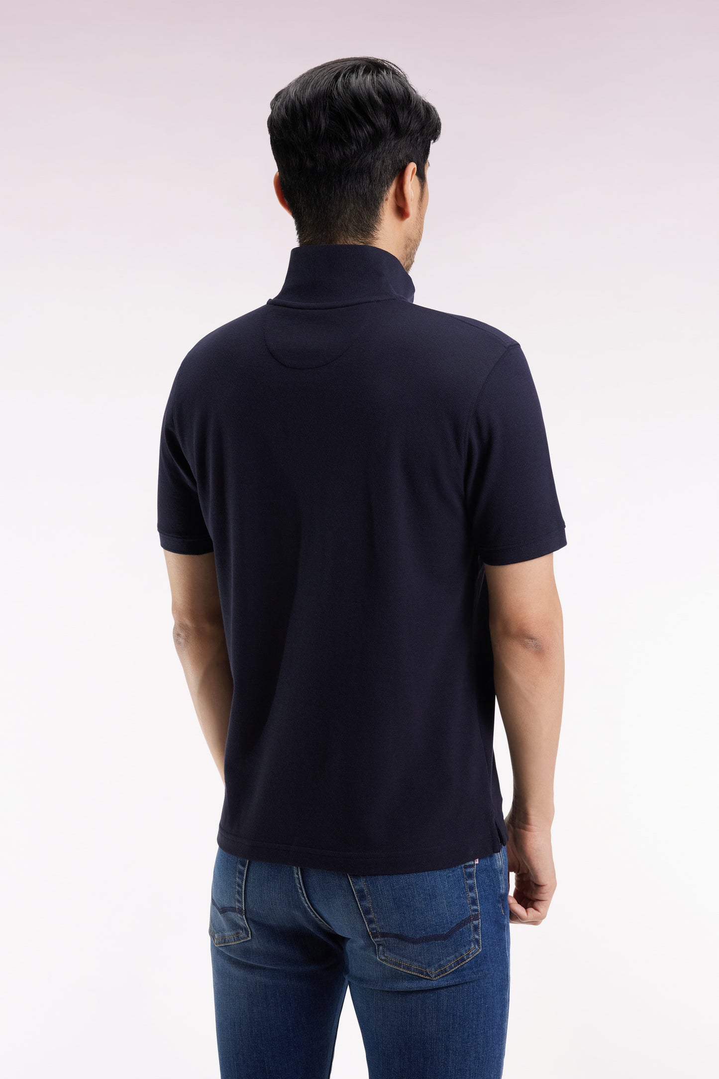 Short-sleeved polo shirt in navy Pima cotton, straight cut