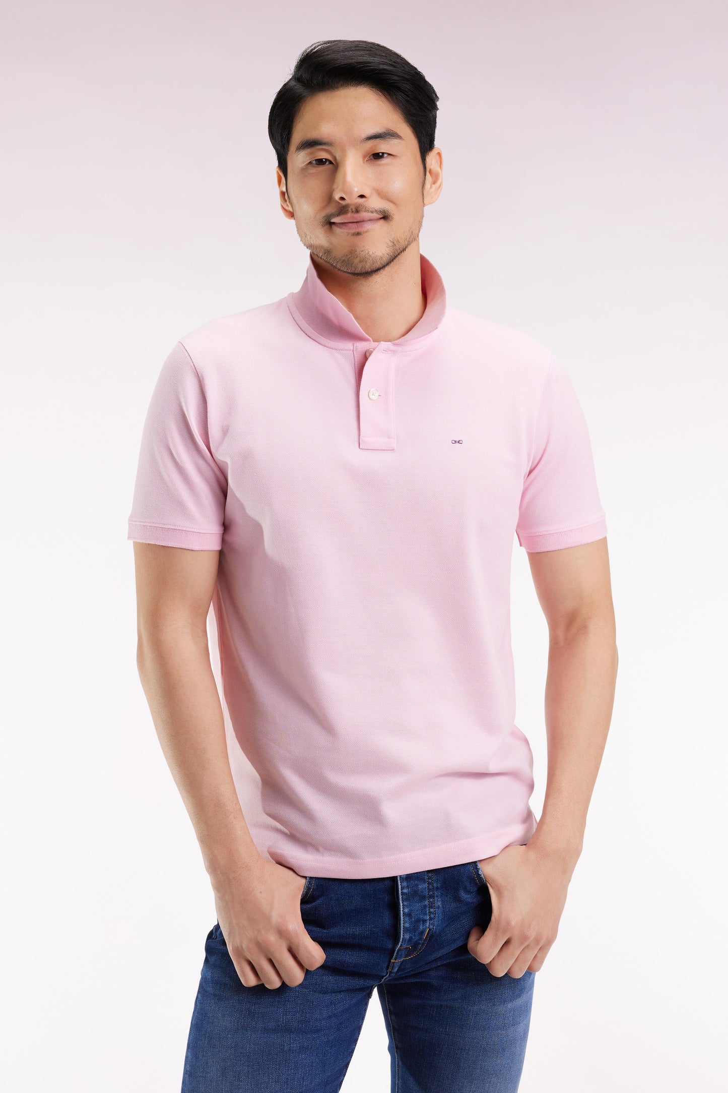 Short-sleeved polo shirt in pink Pima cotton, straight cut