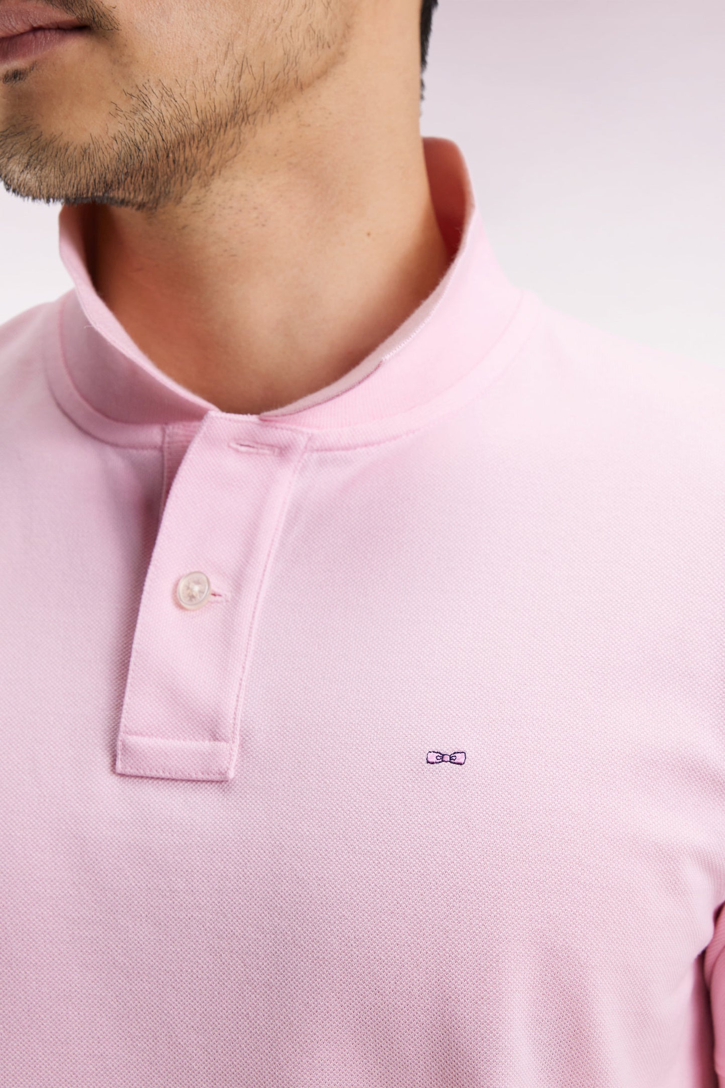 Short-sleeved polo shirt in pink Pima cotton, straight cut