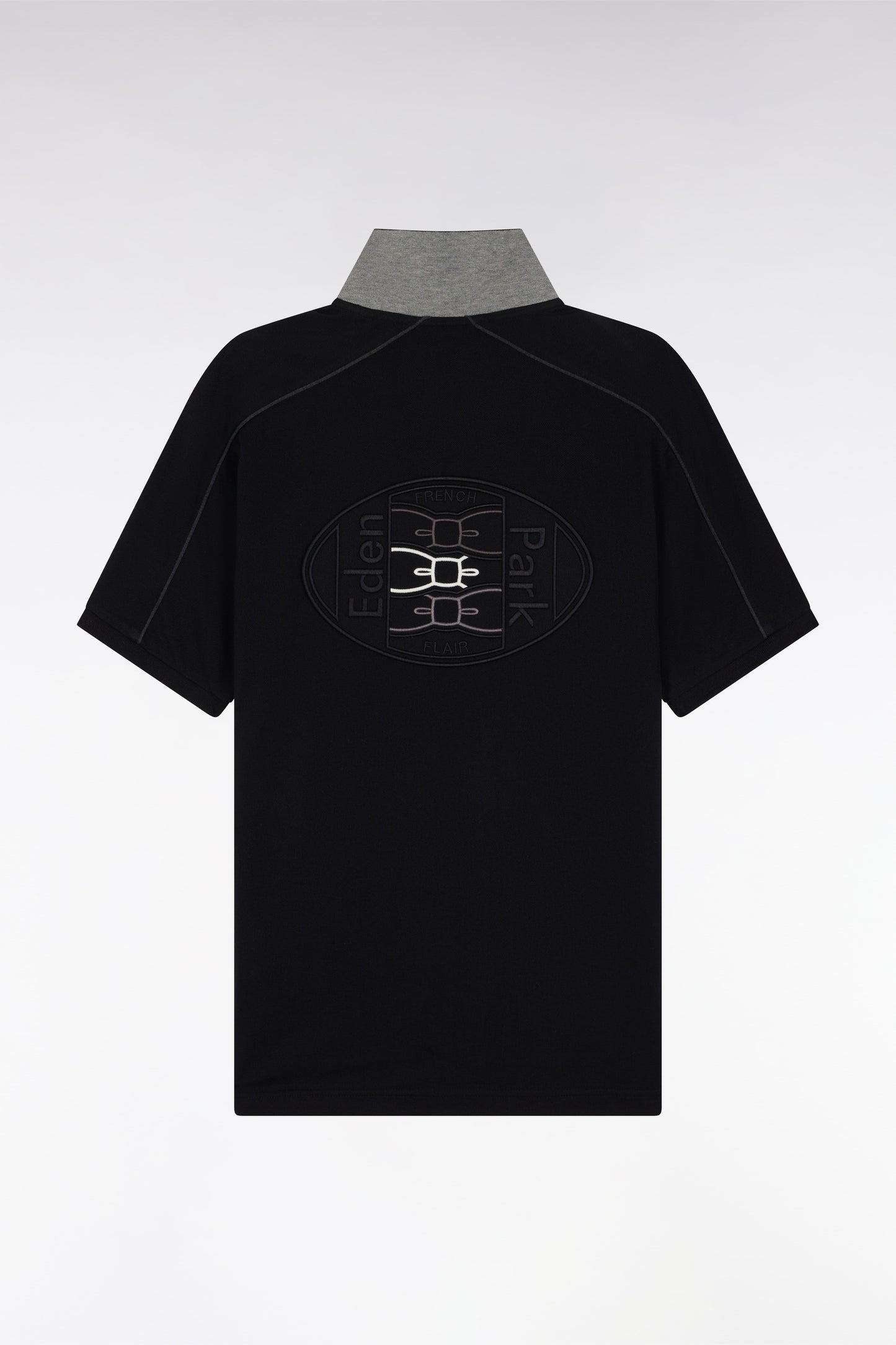 Short-sleeved polo shirt in black cotton piqué with colored piping