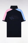 Short-sleeved polo shirt in navy cotton piqué with tricolored cut-outs
