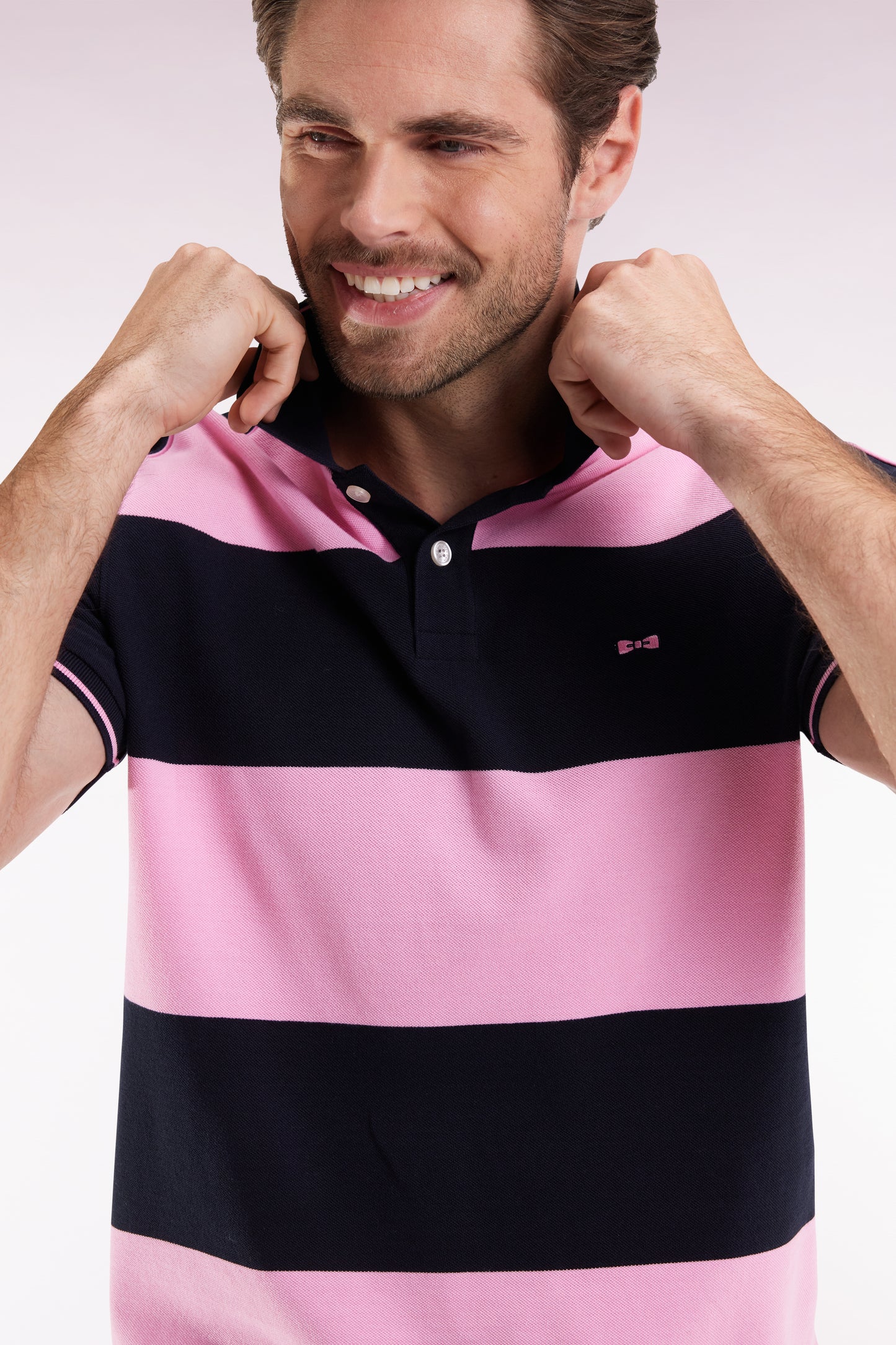 Short-sleeved navy cotton polo shirt with cotton piqué band