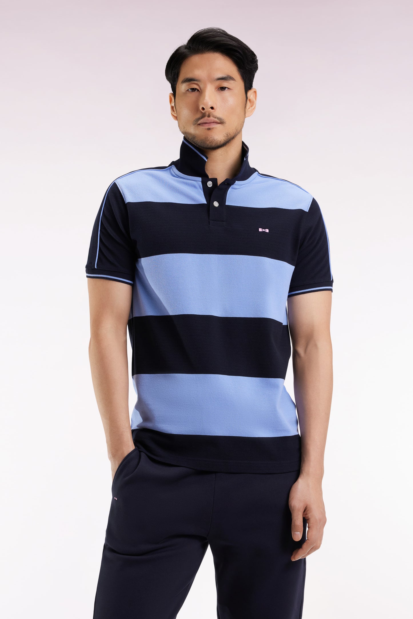 Blue cotton short-sleeved polo shirt with cotton piqué ring