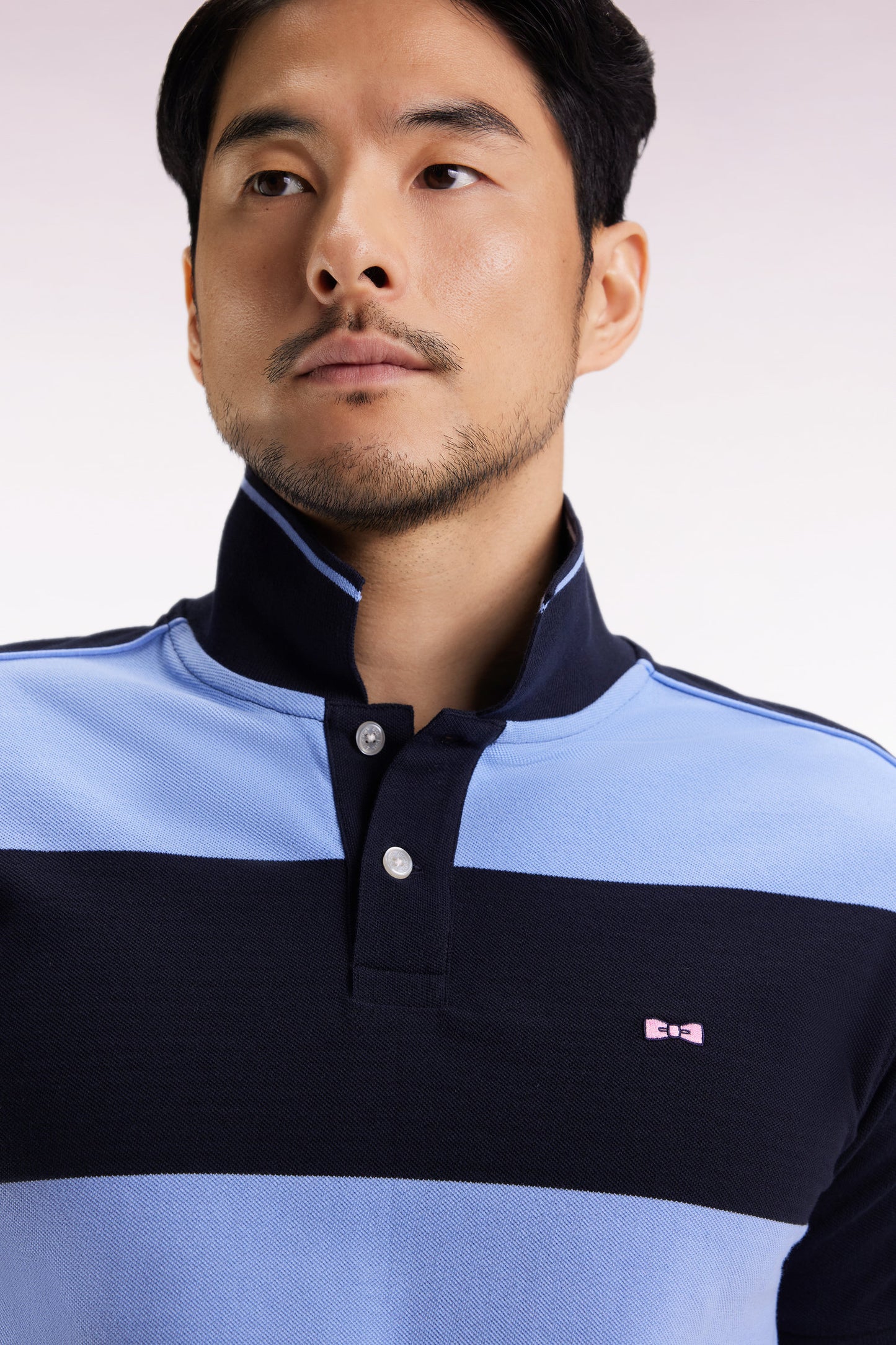 Blue cotton short-sleeved polo shirt with cotton piqué ring