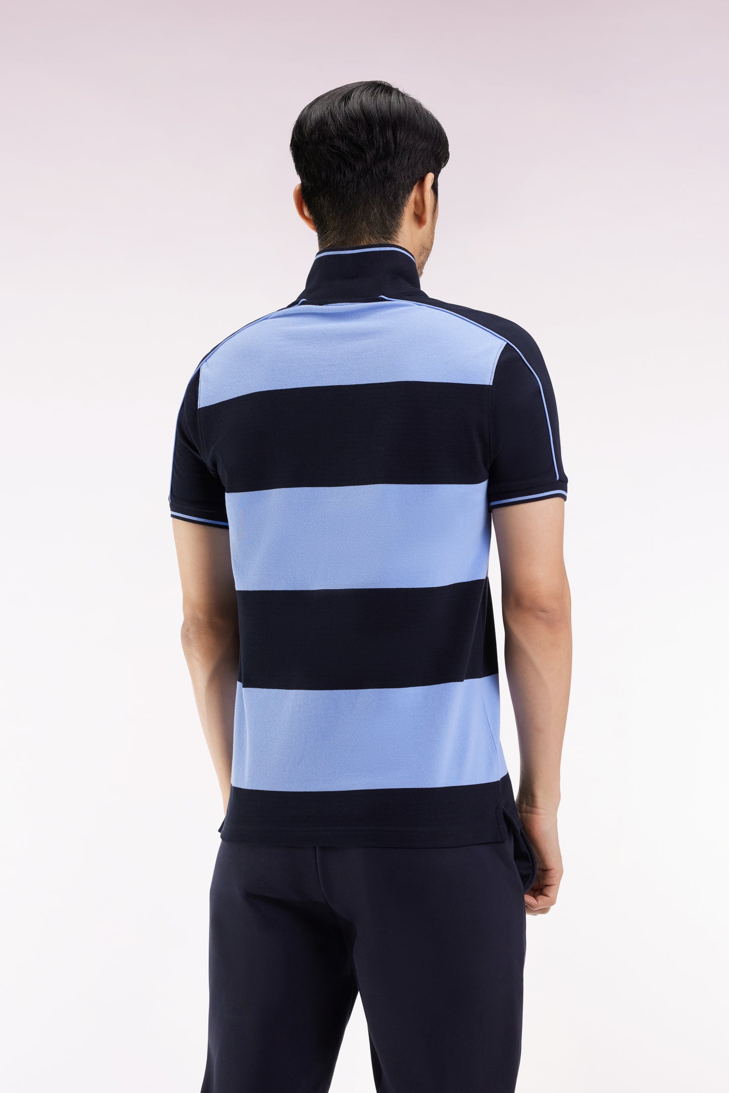 Blue cotton short-sleeved polo shirt with cotton piqué ring