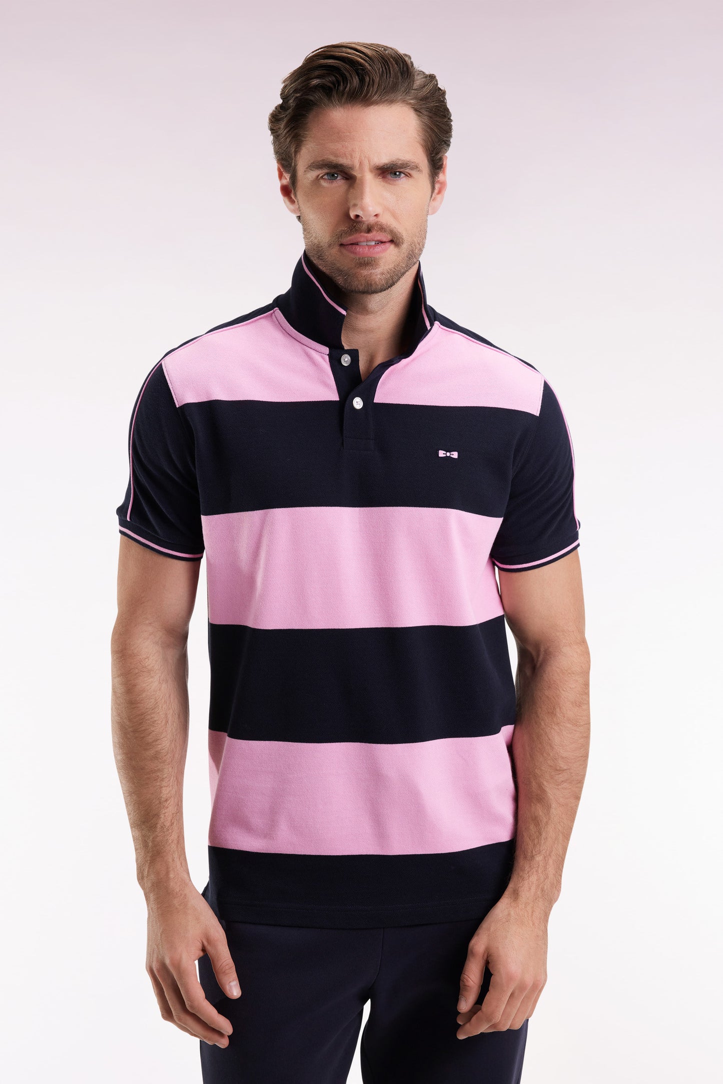 Short-sleeved navy cotton polo shirt with cotton piqué band