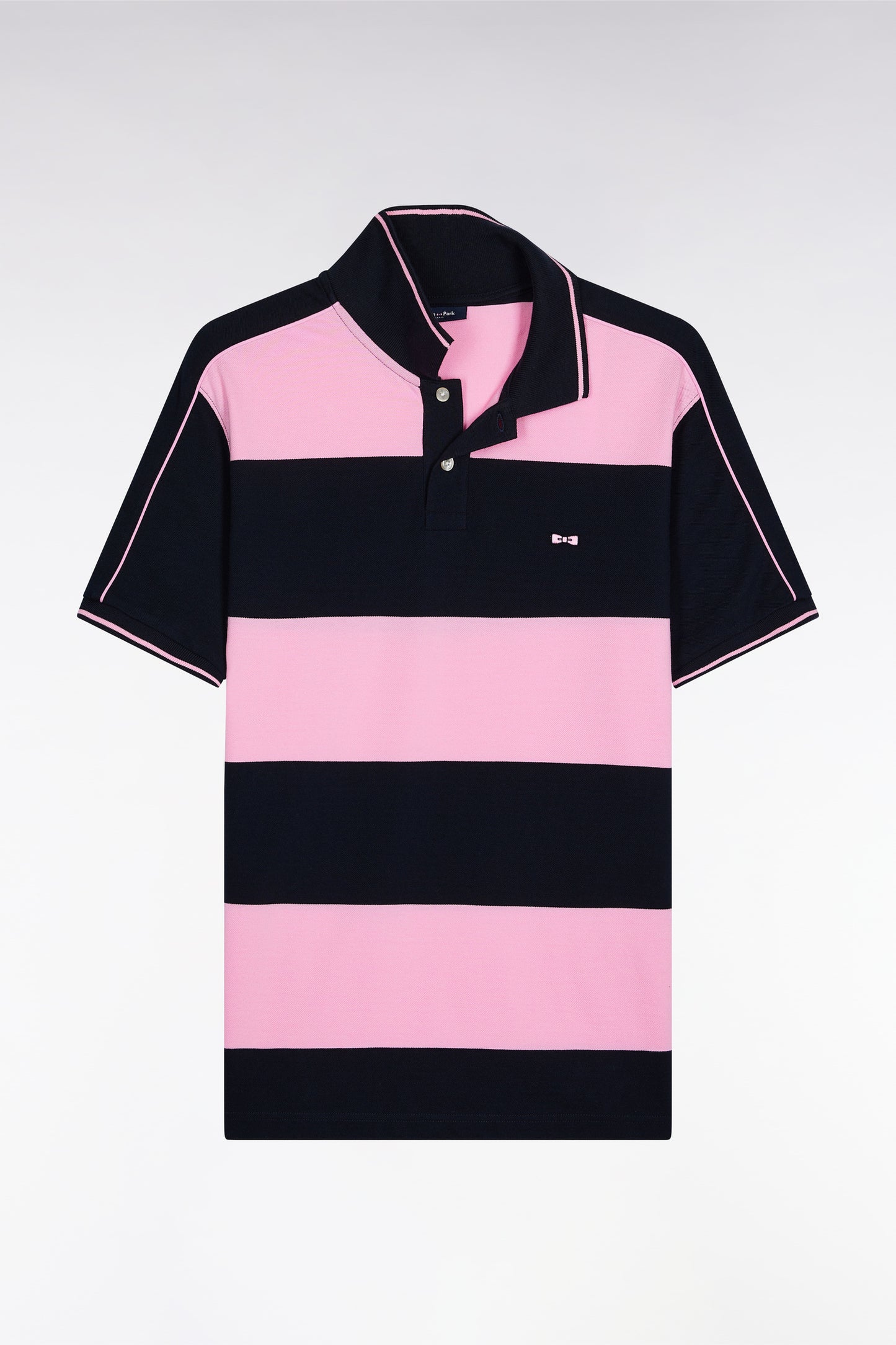 Short-sleeved navy cotton polo shirt with cotton piqué band