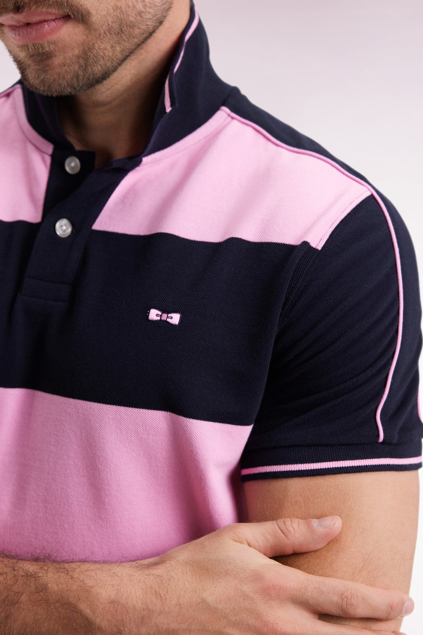 Short-sleeved navy cotton polo shirt with cotton piqué band