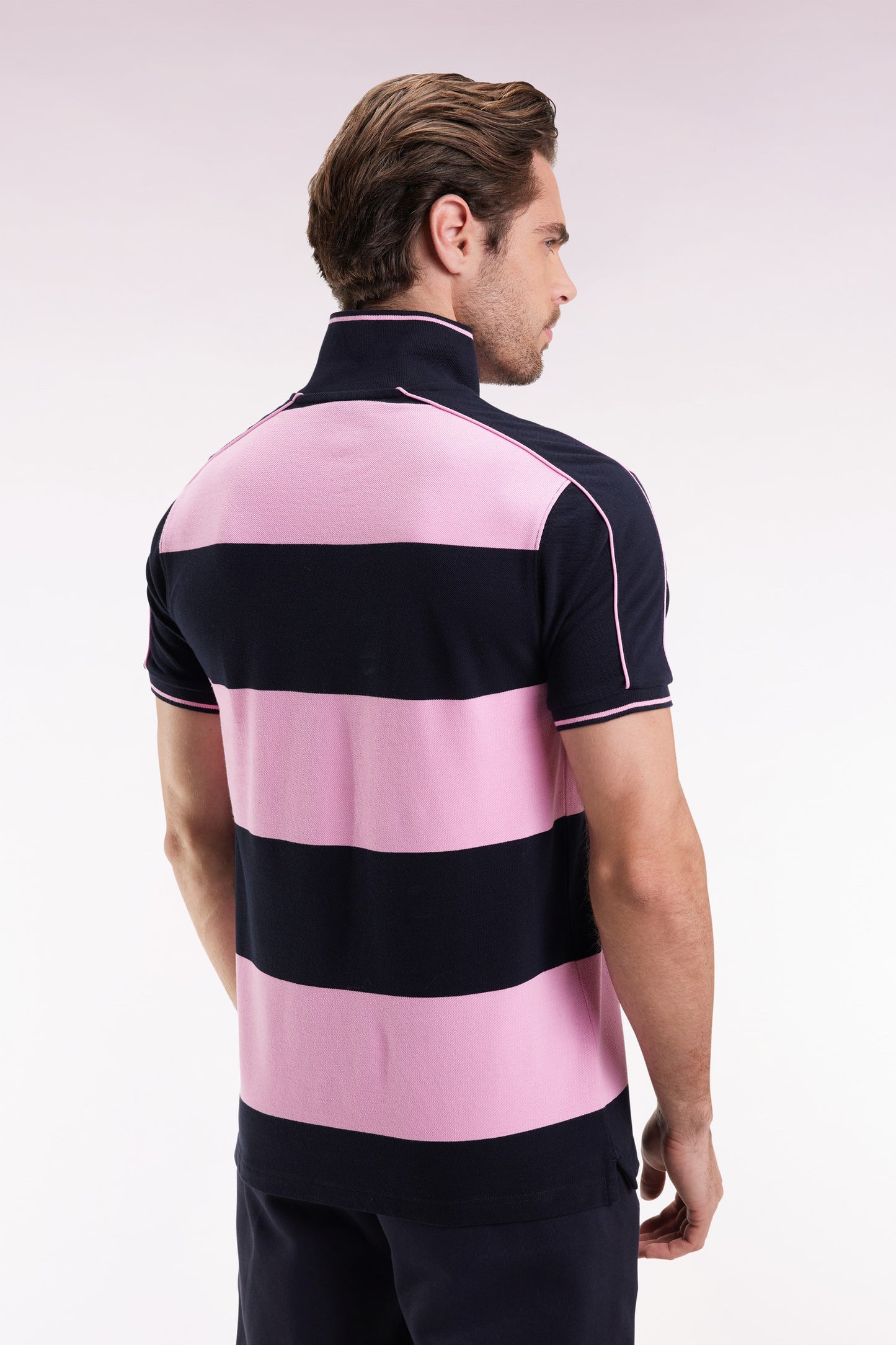 Short-sleeved navy cotton polo shirt with cotton piqué band