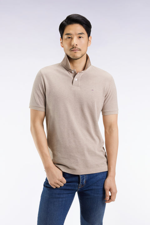 Short-sleeved polo shirt in beige mottled cotton, straight cut - Image 3