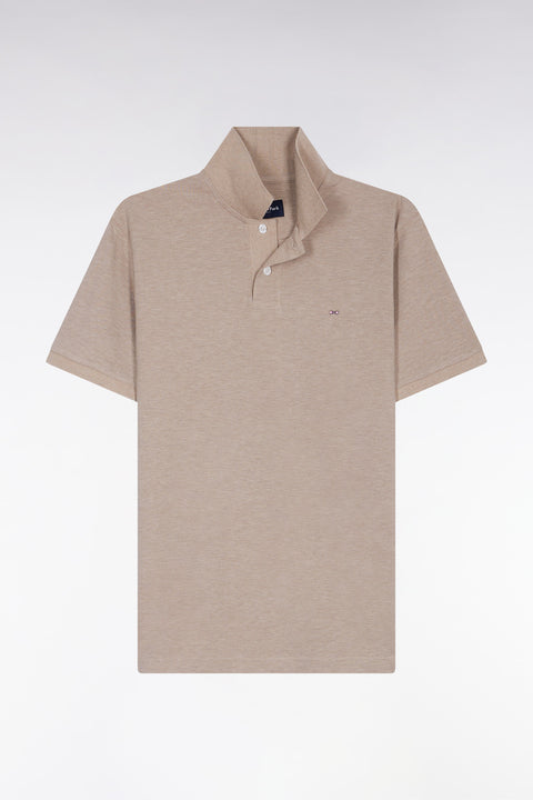 Short-sleeved polo shirt in beige mottled cotton, straight cut - Image 2