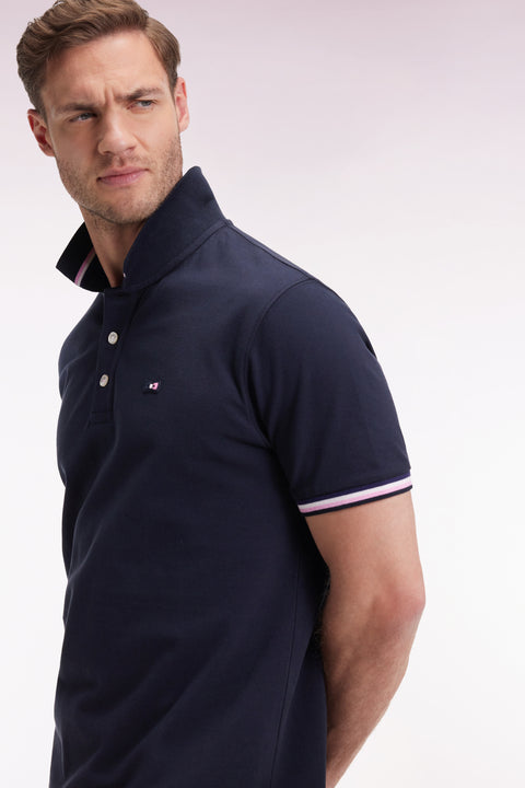 Short-sleeved polo shirt in navy cotton with striped details, loose fit - Image 1