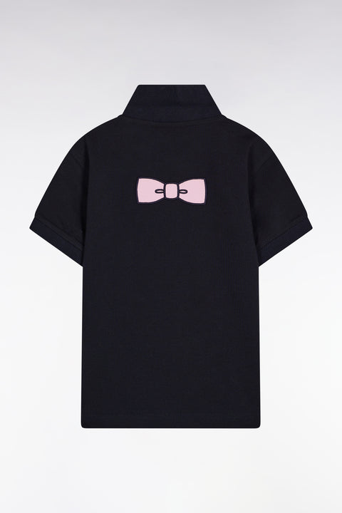 Short-sleeved navy cotton polo shirt with bow-tie embroidery, straight cut - Image 1