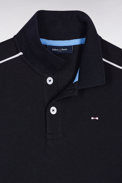Short-sleeved polo shirt in navy cotton with white piping, straight cut - Image 2