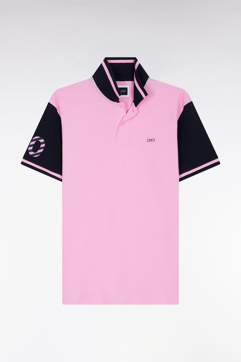 Two-tone short-sleeved polo shirt in pink cotton with 10" embroidery - Image 2