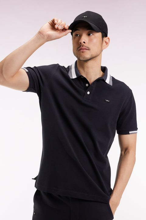 Short-sleeved polo shirt in black cotton with tricolored details, loose fit - Image 1