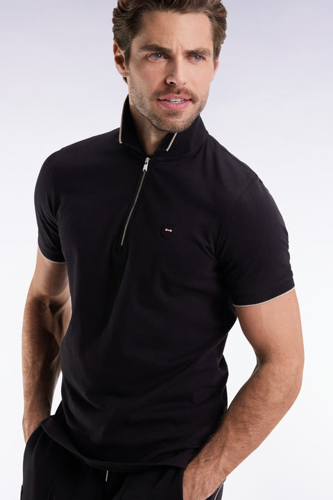 Short-sleeved polo shirt in black stretch cotton piqué with zip and slim fit - Image 1