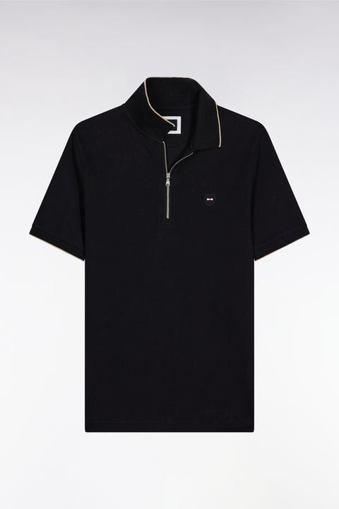 Short-sleeved polo shirt in black stretch cotton piqué with zip and slim fit - Image 2