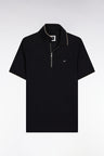 Short-sleeved polo shirt in black stretch cotton piqué with zip and slim fit