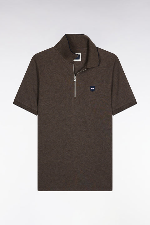 Short-sleeved polo shirt in brown stretch cotton piqué with zip and slim fit - Image 2