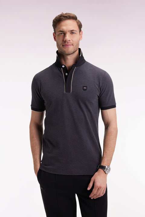 Short-sleeved polo shirt in grey stretch cotton piqué, slim fit - Image 3
