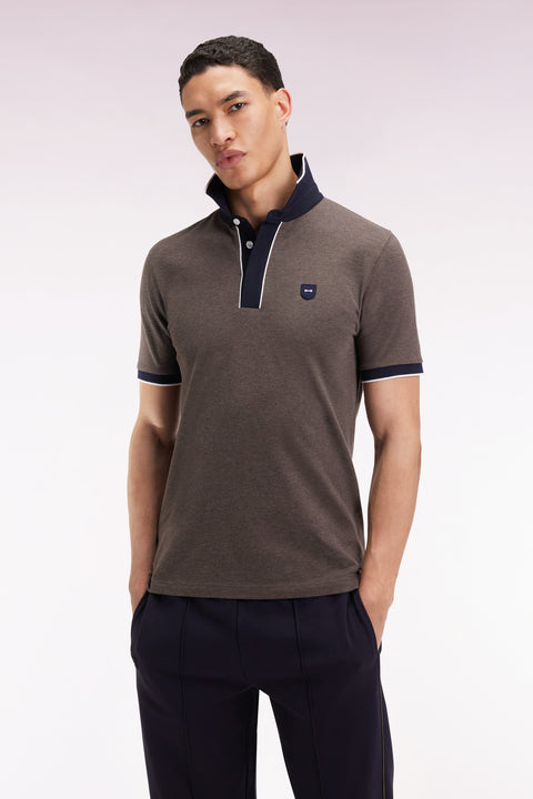 Short-sleeved polo shirt in brown stretch cotton piqué, slim fit - Image 3