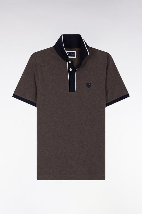 Short-sleeved polo shirt in brown stretch cotton piqué, slim fit - Image 2