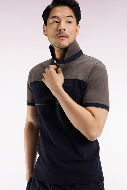 Two-tone short-sleeved polo shirt in navy stretch cotton piqué, slim fit - Image 1