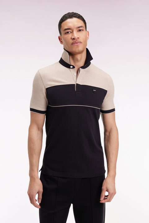 Two-tone short-sleeved polo shirt in black stretch cotton piqué, slim fit - Image 3
