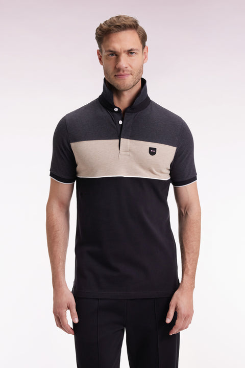Three-tone short-sleeved polo shirt in grey stretch cotton piqué with slim fit - Image 3