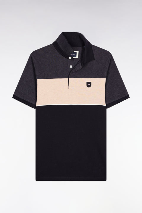 Three-tone short-sleeved polo shirt in grey stretch cotton piqué with slim fit - Image 2