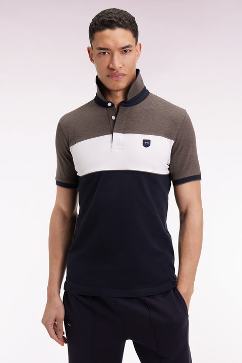 Three-tone short-sleeved polo shirt in brown stretch cotton piqué, slim fit - Image 3