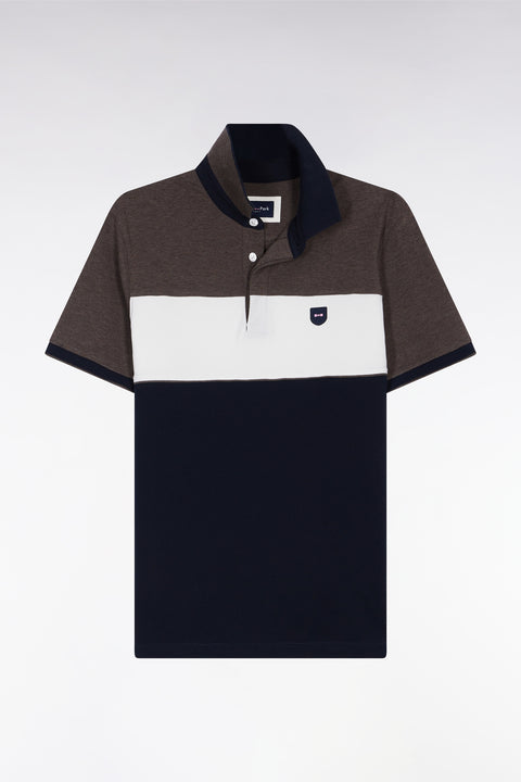 Three-tone short-sleeved polo shirt in brown stretch cotton piqué, slim fit - Image 2