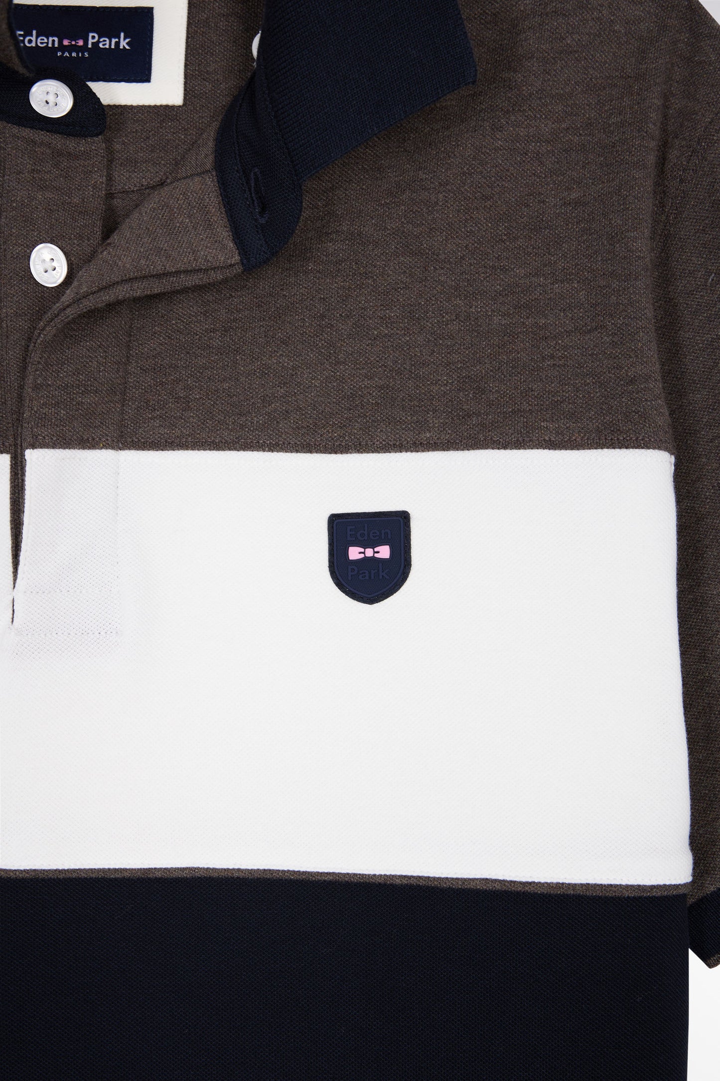 Polo tricolore manches courtes en piqué coton stretch marron coupe slim