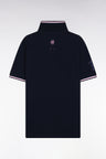 Short-sleeved navy polo shirt with tricolored trim, straight cut
