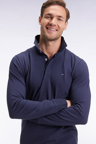 Long-sleeved polo shirt in grey stretch cotton, slim fit