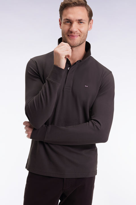 Long-sleeved polo shirt in brown stretch cotton, slim fit - Image 1