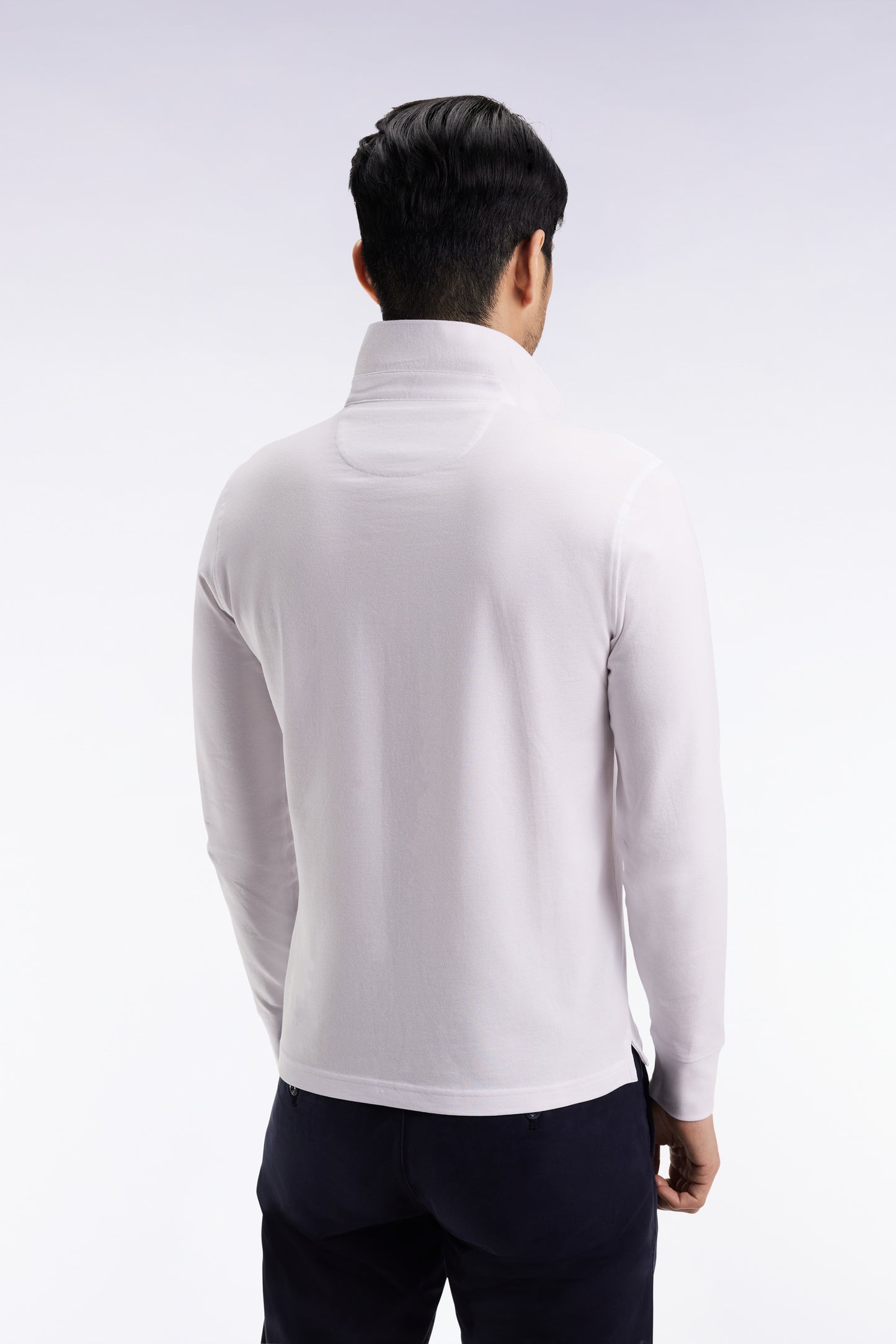 Long-sleeved polo shirt in white stretch cotton, slim fit