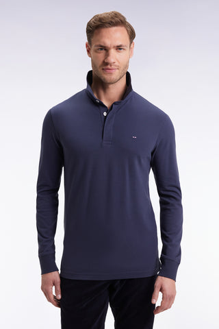 Long-sleeved polo shirt in grey stretch cotton, slim fit