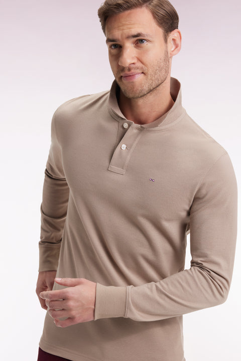 Long-sleeved polo shirt in beige Pima cotton, straight cut - Image 1